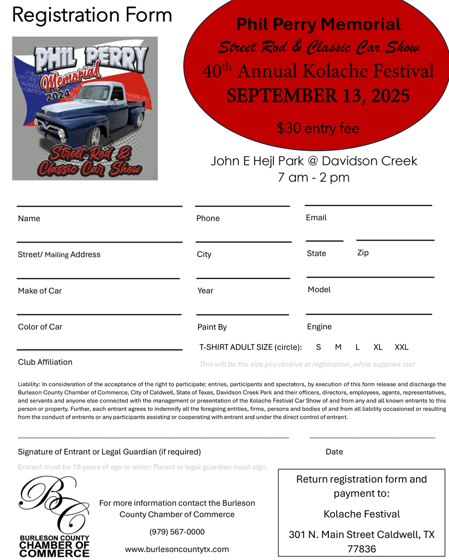 Kolache Fest Car Show Registration Form